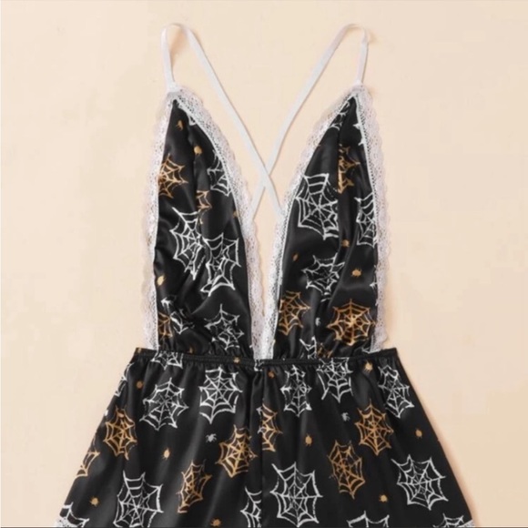 NWOT- Halloween spiderweb black satin deep v romper open back highwaisted - Picture 5 of 6